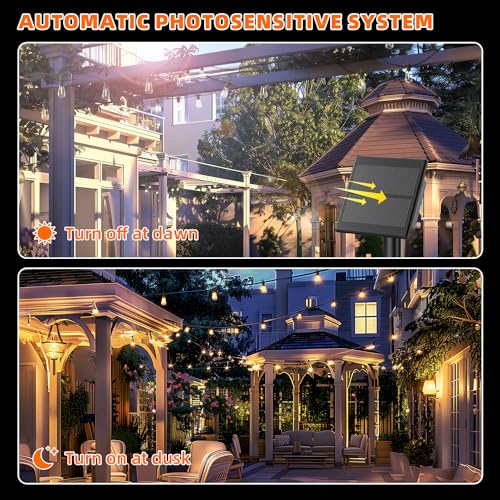 Kawaya Solar Powered String Lights: 50 FT LED Outdoor Patio Hanging Lights with 25+2 Edison Bulbs - USB-Charging - IP65 Waterproof Shatterproof Edison Bulbs for Bistro Cafe Camp Yard Balcony - size: 50FT New