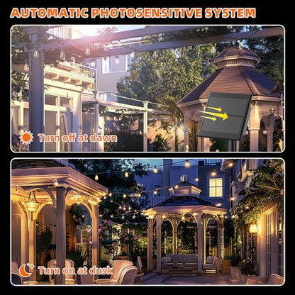 Kawaya Solar Powered String Lights: 50 FT LED Outdoor Patio Hanging Lights with 25+2 Edison Bulbs - USB-Charging - IP65 Waterproof Shatterproof Edison Bulbs for Bistro Cafe Camp Yard Balcony - size: 50FT New