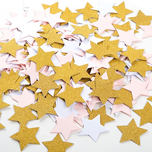 MOWO Gold, Pink and White Stars Confetti Table Decoration, 1.2'', 200pc | 200 Pieces, Wedding Party Decor, Table Decor - color: Gold Glitter,pink,white