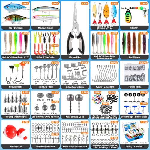 PLUSINNO Bass Fishing Lures Tackle Box Gear Kit with Tackle Included | Waterproof, Compact & Customizable, Bass Trout Fishing Gear Kit, Freshwater Topwater, 16 Rigs, Fishing Gifts for Men Starter - color: Blue 373 PCS Lures Box