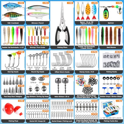 PLUSINNO Bass Fishing Lures Tackle Box Gear Kit with Tackle Included | Waterproof, Compact & Customizable, Bass Trout Fishing Gear Kit, Freshwater Topwater, 16 Rigs, Fishing Gifts for Men Starter - color: Blue 373 PCS Lures Box
