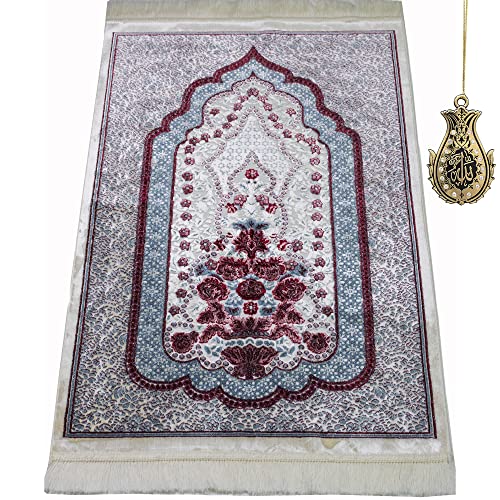 Modefa Turkish Islamic Velvet Prayer Rug - Prayer Mat Carpet for Men and Women - Traditional Muslim Janamaz Sajada - Ramadan or Eid Gift - with Car Hanger - Luxury Winter Rose (Blue/Red) - color: Blue / Red