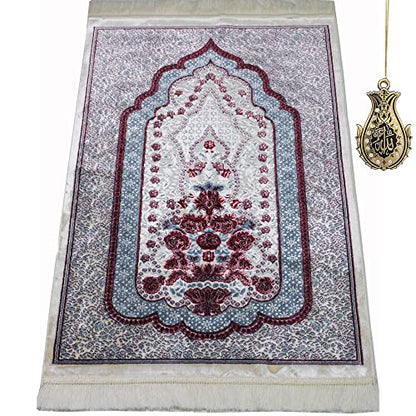 Modefa Turkish Islamic Velvet Prayer Rug - Prayer Mat Carpet for Men and Women - Traditional Muslim Janamaz Sajada - Ramadan or Eid Gift - with Car Hanger - Luxury Winter Rose (Blue/Red) - color: Blue / Red