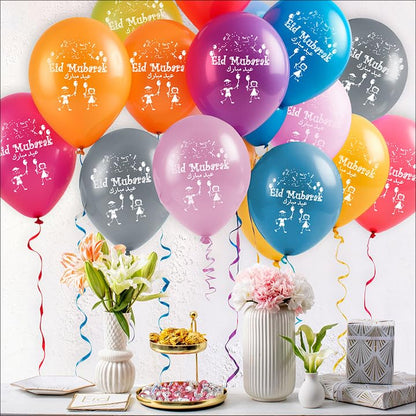 Eid Mubarak Latex Balloons (Assorted Metallic Colors, Pack of 20) (20)
