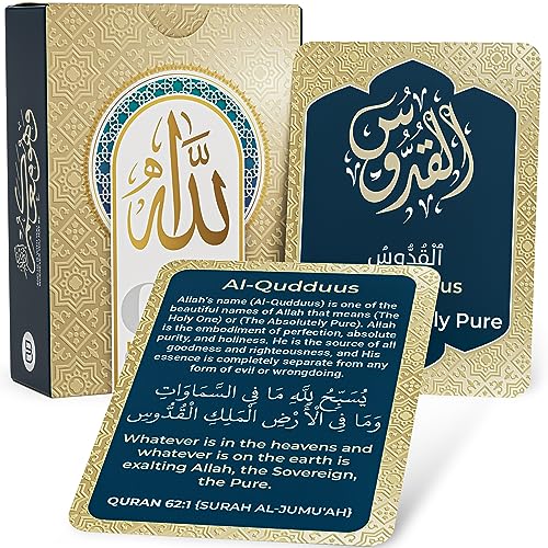 99 Names of Allah Flashcards – Asma Ul Husna Arabic and English Learning Cards with Quranic Verses, Pronunciation, and Meanings – Islamic Study Aid, Muslim Gift for Ramadan, Eid, Kids & Adults Briston
