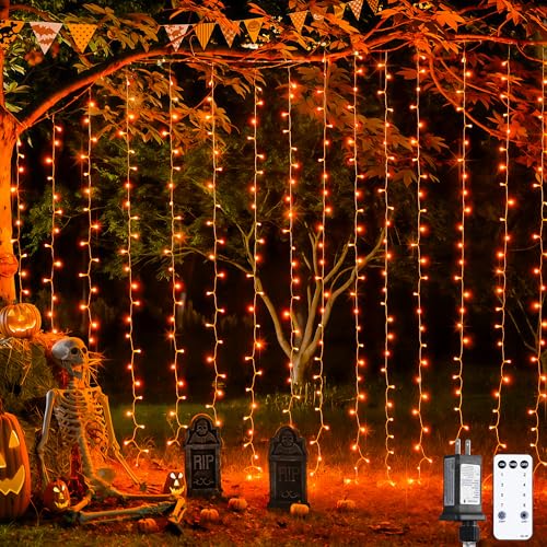 JMEXSUSS 300LED Orange Halloween Curtain Lights with Remote, 9.8x9.8ft - color: Orange, size: 300 LED
