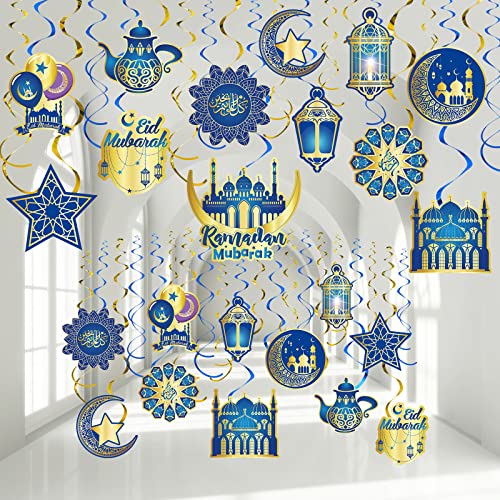 Zonon 30 Pieces Eid Ramadan Mubarak Decorations for Home Hanging Swirl Streams Ceiling Decor Star Moon Lantern Shining Foil Decor for Eid Al-fitr Party Egyptian Supplies - color: Blue and Gold