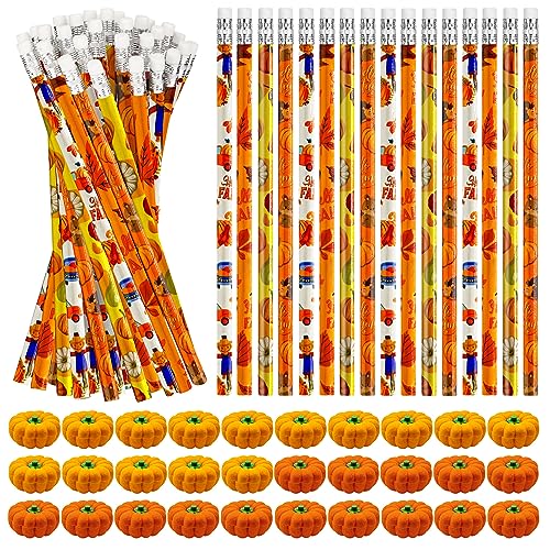 Cinrobiye 60 Pieces Fall Thanksgiving Day Pencils with Pumpkin Eraser Bulk Fall Party Favors Maple Leaf Autumn Pumpkins Pencils Erasers for Harvest School Party Teacher Rewarding Supplies - style: Mix60