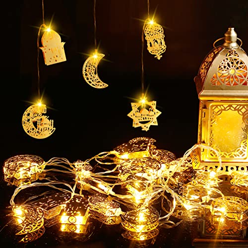 Ramadan Eid String Light- 9.8ft 20LEDs Eid Star Moon Kerosene Lantern Lamp Battery Operated Mubarak Islam Decorative Indoor Hexagram Lights for Muslim Islamic Home Garden Patio Decoration Supplies - style: Moon Star Hexagram