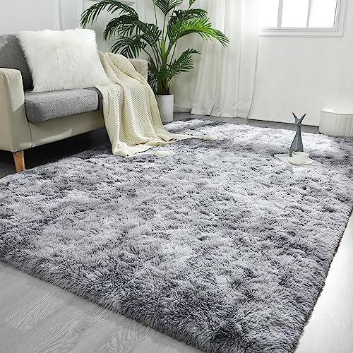 FlyDOIT Large Area Rugs for Living Room, 4x6 Feet Tie-Dyed Light Grey Shaggy Rug Fluffy Throw Carpets, Ultra Soft Plush Modern Indoor Fuzzy Rugs for Bedroom Girls Kids Nursery Room Dorm Home Decor - color: Light Grey, size: 4' x 6' (Rectangular)