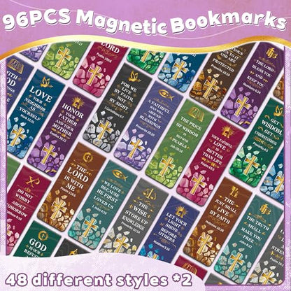 96Pack Magnetic Bookmarks Bible Bookmark Christian Bookmarks Bulk Book Marks for Reading Women Men Adults Kids Book Lovers Gifts, Cute Personalized Religious Magnet Bookmark Clips (Christian)