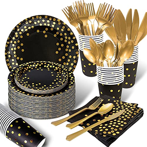 AIRE Black Gold Paper Plates, 350PCS Disposable Dinnerware Set for 50 - color: 350 Pcs Black and Gold