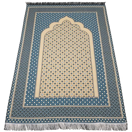 Modefa Turkish Islamic Prayer Mat Janamaz Sajjadah | Thin Woven Cotton Praying Rug Ramadan Eid Gift | Traditional Muslim Sejada for Men Women - Hira Diamond (Turquoise Blue) - color: Turquoise Blue