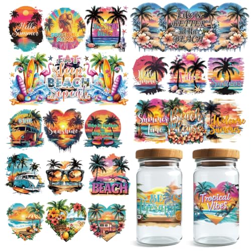20 Pcs UV DTF Cup Wraps, 10 Styles Summer Beach Decals Cartoon Rub on Decals Waterproof Transfer Stickers for Glass Cups Wood Crafts - style: Summer Beach