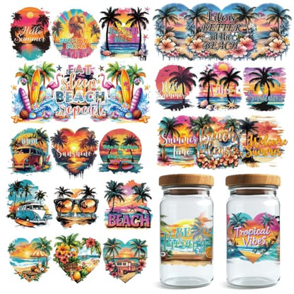 20 Pcs UV DTF Cup Wraps, 10 Styles Summer Beach Decals Cartoon Rub on Decals Waterproof Transfer Stickers for Glass Cups Wood Crafts - style: Summer Beach