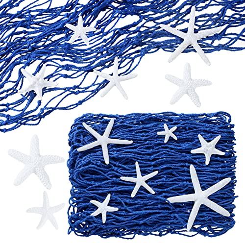 Shappy 21 Pcs Fish Net Decor Starfish Beach Ornament for Wall Table,Blue | Nautical Fishnet with Starfish, Coastal Decoration for Crafts Birthday Beach Wedding Mermaid Party Under The Sea Party - color: Blue