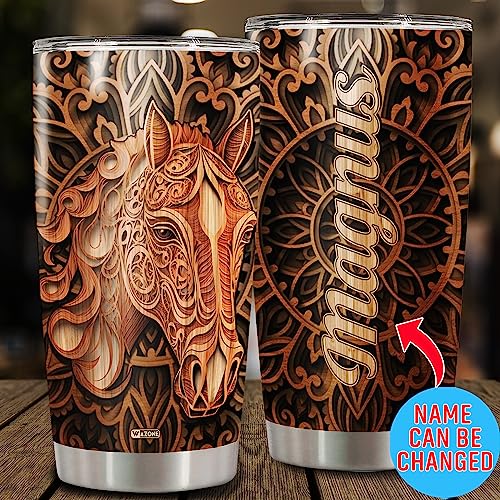 WAZONE Personalized Horse Tumbler With Lid Custom Name Wooden Drawings Vacuum 20oz 30oz Stainless Steel Coffee Travel Mug Equestrian Gifts Birthday Christmas For Men Women Teen Animal Lover - color: Horse
