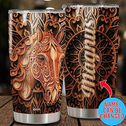 WAZONE Personalized Horse Tumbler With Lid Custom Name Wooden Drawings Vacuum 20oz 30oz Stainless Steel Coffee Travel Mug Equestrian Gifts Birthday Christmas For Men Women Teen Animal Lover - color: Horse