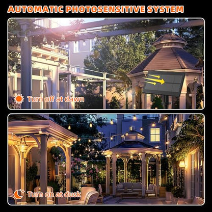 Kawaya Solar Powered String Lights for Outside: 100 FT LED Outdoor Patio Lights with USB-Charging - IP65 Waterproof Hanging Light - 50+2 Shatterproof Edison Bulbs for Bistro Cafe Camp Yard Balcony - size: 100FT New