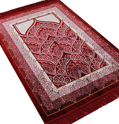 Modefa Islamic Prayer Rug Large Wide Velvet - Muslim Janamaz Sajada - Thick Turkish Prayer Mat Carpet for Men Women- with Kufi Cap - Plush Paisley (Red)