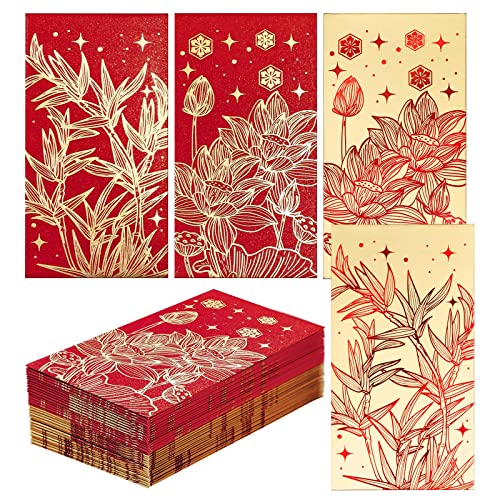 Prims & Flourish Chinese New Year Red Envelopes - 36-Count Chinese Red Packets, Hong Bao with Gold Foil Design, Gift Money Envelopes, Flowers and Bamboos - color: Water Lilies & Bamboos