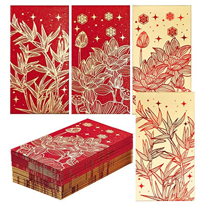 Prims & Flourish Chinese New Year Red Envelopes - 36-Count Chinese Red Packets, Hong Bao with Gold Foil Design, Gift Money Envelopes, Flowers and Bamboos - color: Water Lilies & Bamboos