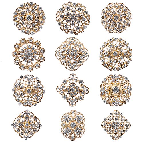 Brooches and Pins for Women, Gold or Silver Color with Rhinestone Crystal Flower Brooch Pins for Wedding Bouquet Party Decoration Broaches Set - color: Gold