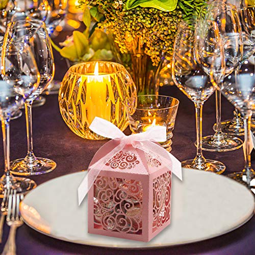 KPOSIYA 100 Pack Wedding Favor Boxes Laser Cut Boxes Party Favor Box Small Gift Boxes Lace Candy Boxes for Wedding Bridal Shower Baby Shower Birthday Party Anniverary with Ribbons (Pink, 100) - color: Pink 100