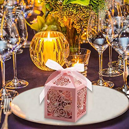 KPOSIYA 100 Pack Wedding Favor Boxes Laser Cut Boxes Party Favor Box Small Gift Boxes Lace Candy Boxes for Wedding Bridal Shower Baby Shower Birthday Party Anniverary with Ribbons (Pink, 100) - color: Pink 100