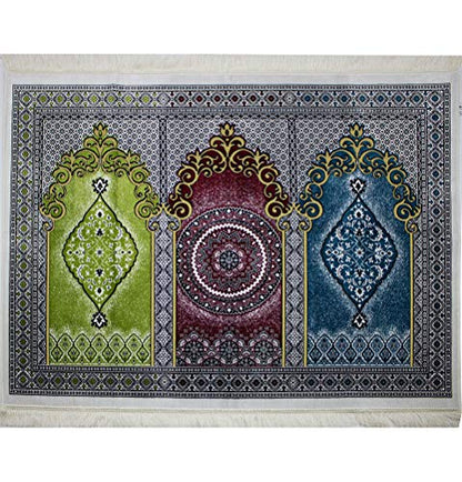 Modefa Muslim Prayer Rug - Wide Multi Person Plush Velvet Medallion 17-6 | For 3 People Praying Mat, Salah Group Carpet - color: Red/Green/Blue