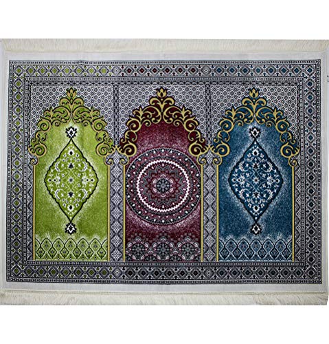 Modefa Muslim Prayer Rug - Wide Multi Person Plush Velvet Medallion 17-6 | For 3 People Praying Mat, Salah Group Carpet - color: Red/Green/Blue