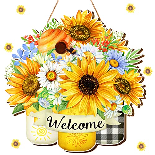 Shellwei Sunflower Welcome Sign for Front Door Summer Sunflower Decorations Wood Door Hanger Rustic Farmhouse Wreath Wall Art Decor Decorative Wall Plaque for Home Porch Hanging Ornaments - style: Summer