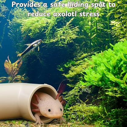 Axolotl Hide Tube and Silk Plants for Aquarium, Axolotl Cave and Aquatic Plant Set, Axolotls Hides and Green Plants, Aquarium Decor, Fish Tank Decorations, Turtle Tank Accessories (White, 11 * 3.5in)