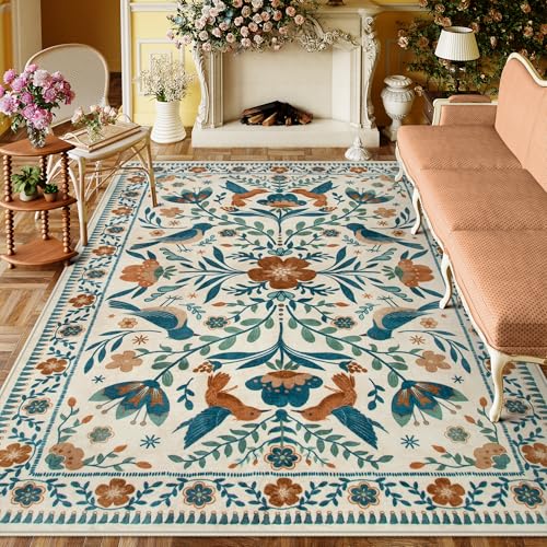 Moynesa Washable 8x10 Area Rugs for Living Room Bedroom Dining Room, Modern Bohemian Farmhouse Floral Bird Print Pattern Medallion Carpet, Retro Home Decor Open Floor Areas Non-Slip Protection - color: Beige, size: 8' x 10' (Rectangular)