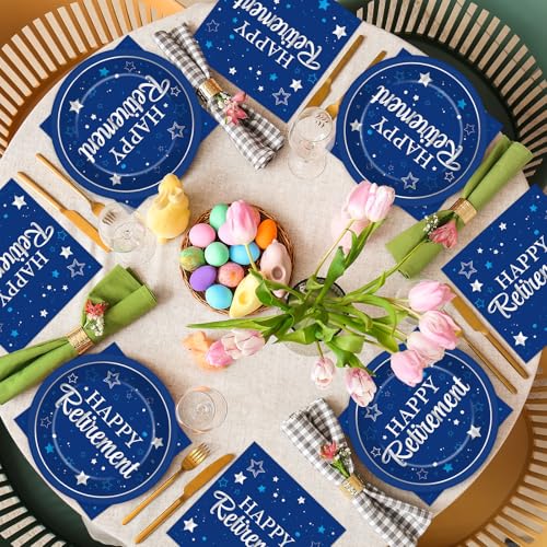 Qyeahkj 48Pcs Happy Retirement Paper Plates and Napkins Retirement Party Decoration Farewell Party Supplies Blue Silver Disposable Paper Dessert Tableware Set for Women Men Leaving Graduation Serve 25 - style: Retirement