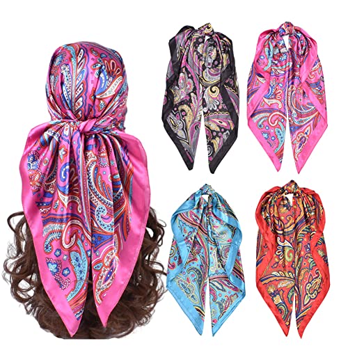 4Pcs Silk Head Scarves for Women Satin Hair Scarf 35”Large Square Bandana Silk Like Neck Scarf Shawl - color: Blue/Purple/Red/Black