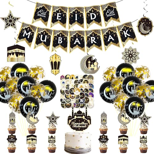101 Pcs-Eid Mubarak Decorations Set - Black and Gold Ramadan Party Supplies including Banner, Hanging Swirls for Muslim Islamic Eid Al-Fitr Home Wall Decor
