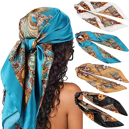 DRESHOW 35” Large Square Satin Head Scarf - 4Pcs Silk Accessories Classic Patterned Squares Beach Bandanas for Women - color: 4 Pcs: Blue, White, Camel, Black