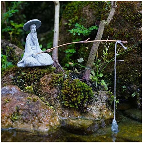 livelyfish Mini Fisherman Statue Asian Zen Decoration Sitting Fishing Figurines Sandstone Vintage Ornament for Aquarium Fish Tank Pot Garden Home Japanese Decor (B) - color: B