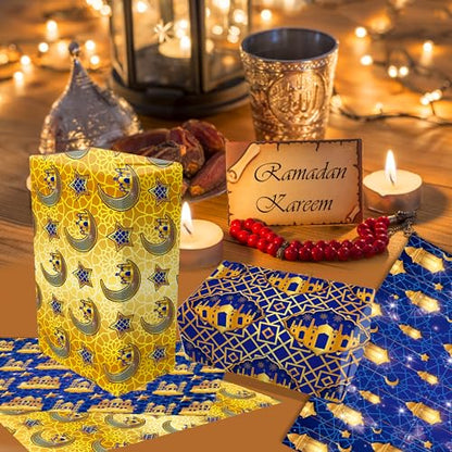 Welpurch 12 Sheets Eid Mubarak Wrapping Paper, 20x27in Moon Star Words Lantern Patterns Gift Wrap Paper Ramadan Kareem Wrapping Paper for Islamic Muslim Party Favor Gift Wrapping Crafts Supplies