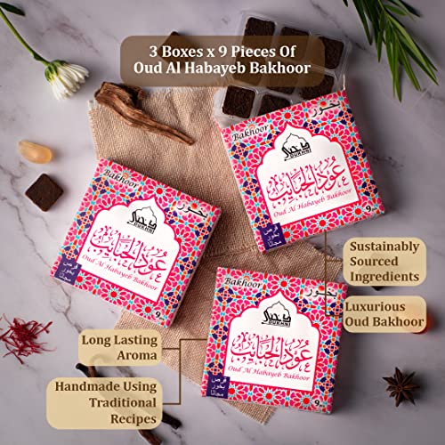 Oud Al Habayeb Bakhoor by Dukhni | 3 Boxes x 9 Piece Each | Arabic Bakhoor Incense | Rose Oud Blend | Perfect for Prayer Time | to Relax & Meditate | Handmade Traditional Recipe