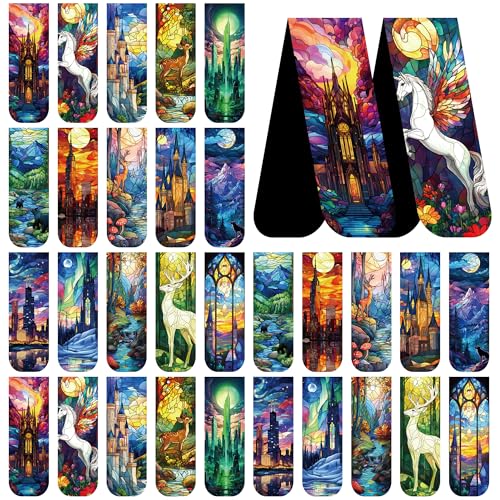Fantasy Magnetic Bookmarks, 30 Pcs Stained Glass Magnet Book Markers, Aesthetic Book Marks Gifts for Reading Women Book Lovers - style: Fantasy