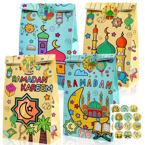 HOWAF Eid Mubarak Gift Bags, 12pcs Eid Goodies Bags Ramadan Candy Bag with Stickers Ramadan Paper Gift Bag for Muslim Al Fitr Party Supplies Colorful Mubarak party supplies
