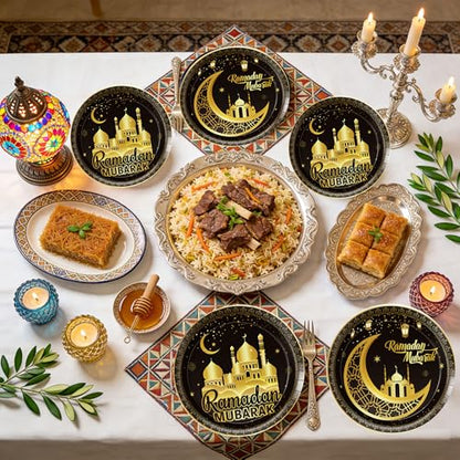 Ramadan Plates for Home Black and Gold Eid Mubarak Ramadan 9 Inch Paper Plates for Ramadan Party Decorations