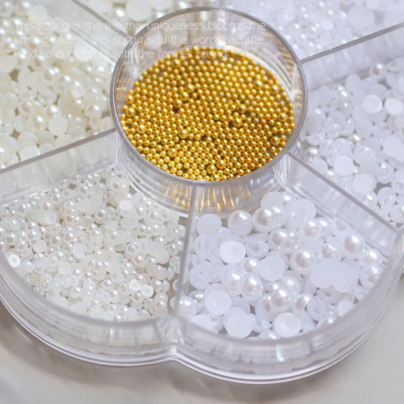 Nail Art Flatback Pearls Charms - White Half Round Crafts Beads With Gold Caviar Ball - Luxurious Design Jewelry Accessories - color: White Pearl With Metal Beads