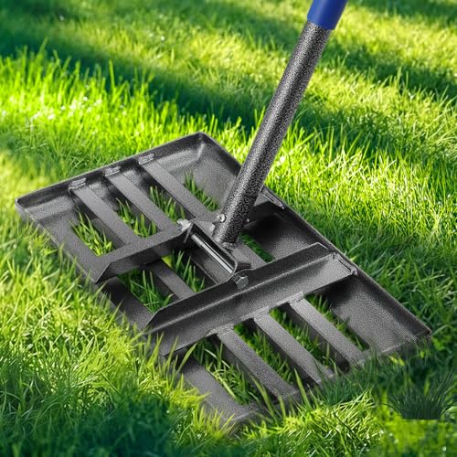 Lawn Leveling Rake, Heavy Duty Lawn Leveler with 17" x 10" Rakes Head Plate No Flipping, Smooth Garss Topsoil Dirt Sand, Metal Ground Leveling Tool with 5 ft Long Handle for Yard Garden Golf Course - size: 17"x10" , 5 ft