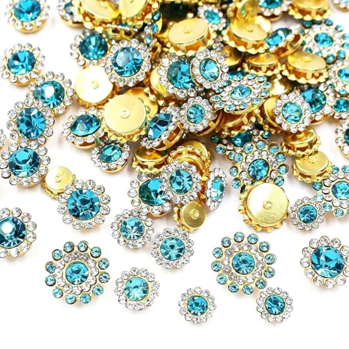 100pcs Crystal Gems Sew on Rhinestones with Gold Claw Mixed 8mm 10mm 12mm 14mm Sewing Flower Rhinestones for Jewelry Crafts, Clothes, Shoes, Costume,Garment Accessories (10 Lake Blue) - color: 10 Lake Blue