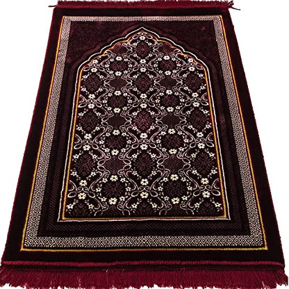 Modefa Turkish Islamic Prayer Rug - Soft Velvet Janamaz Praying Carpet - Comfortable Muslim Praying Mat for Men & Women - Ramadan or Eid Gift - Classic Elegant Swirl (Floral Red)