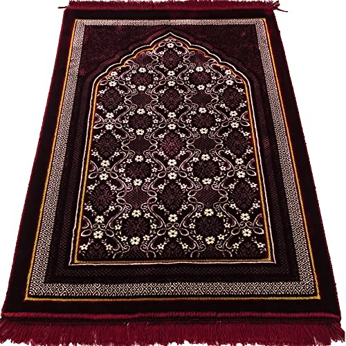 Modefa Turkish Islamic Prayer Rug - Soft Velvet Janamaz Praying Carpet - Comfortable Muslim Praying Mat for Men & Women - Ramadan or Eid Gift - Classic Elegant Swirl (Floral Red)