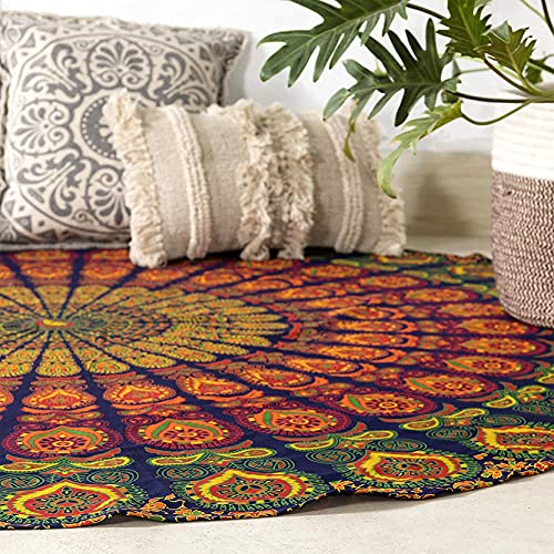 raajsee Yellow Mandala Round Beach Tapestry Hippie/Boho Beach Blanket/Indian Cotton Throw Bohemian Round Table Cloth/Aesthetic Tapestry/Yoga Mat Meditation Picnic Rugs 127 CM / 50 INCHE Circle - color: Yellow, size: 5 feet 10 inches (Round)